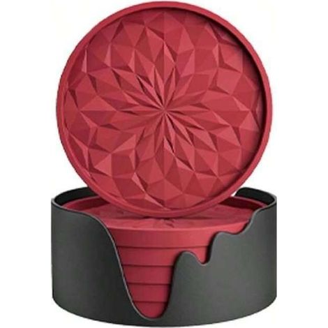 Lot de 6 dessous de verre en silicone avec support, sous-verres pour boissons chaudes ou froides, épais, antidérapants, antiadhésifs, plateau profond rouge vin (1/4)