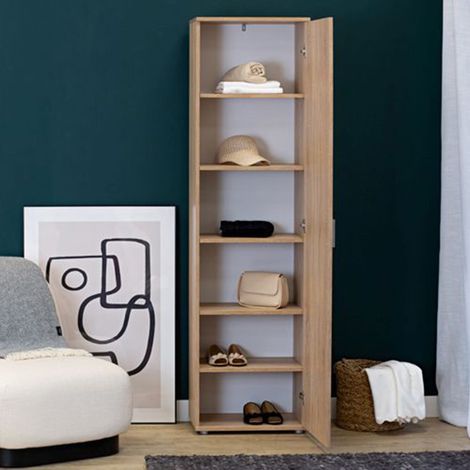 Armario Multiuso 1 Puerta Lerosota, 5 Estantes, Una Puerta, 6 Compartimentos, 50x185h cm Marrón Roble (1/5)