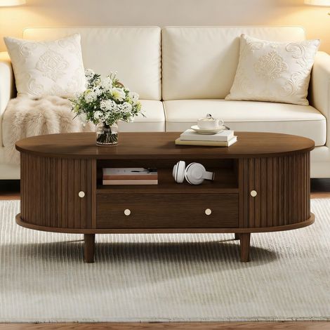 Table basse de salon 100 x 50 x 36 cm, finition noyer. Table basse avec un tiroir et un espace de rangement ouvert, console avec porte enroulable, table d'appoint, table de salon à 4 pieds.