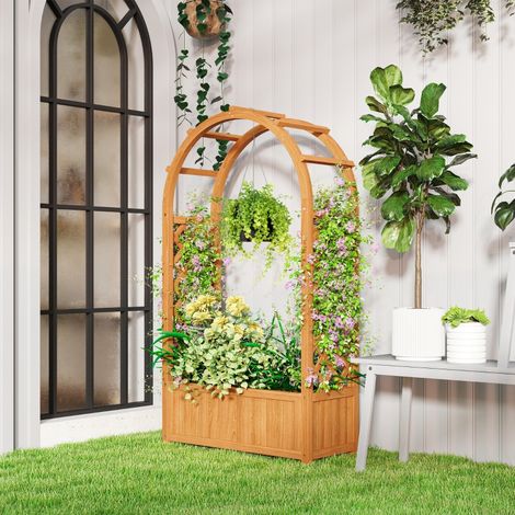 Bac à plantes surélevé avec treillis, pot en bois avec treillis à toit courbé, 83 x 36 x 145 cm, marron clair (1/5)