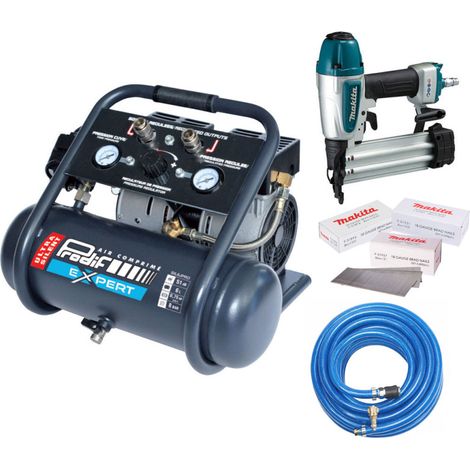 PRODIF Compresseur ultra silencieux 6L SIL6JPRO + Cloueur AF506 Makita + Tuyau 20 m + 15000 Clous tête homme