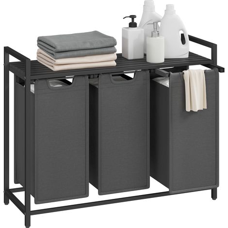 Panier à linge avec 3 compartiments et étagère - Panier à linge - Tissu Oxford coulissant - Cadre métallique amovible - 3 x 38 L - 92,5 x 33 x 72 cm - Noir/Gris (1/5)