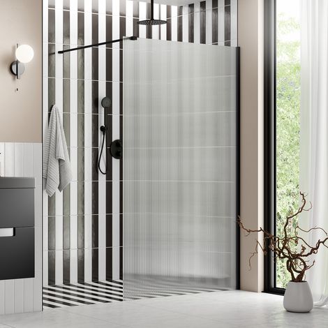 Signature Icon Fluted Black Wet Room Screen 900mm Wide - 8mm Glass (1/5)