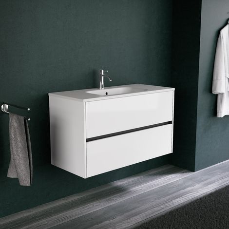 Inda - Badezimmerschrank 2 Schubladen L.100 mit mattem Waschbecken / Glänzendes Weiß - diamante (1/5)