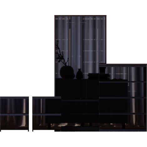 Glinton 4 Piece Bedroom Set (2 Drw Bedside x2, 4 Drw Chest, 2 Dr 2 Drw Wardrobe), Black (100% FSC) (1/4)