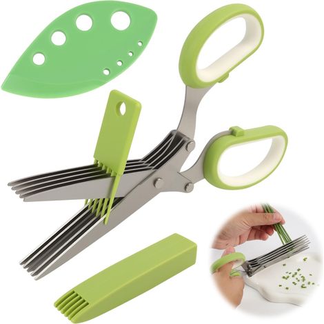 Ciseaux de Cuisine 5 Lames Acier Inoxydable - Multi-Usages Herbes Aromatiques, Ciboulette, Persil - avec Poignée et Protection Lame