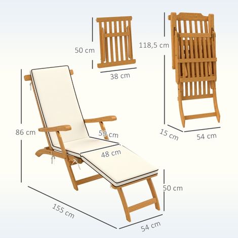 Transat de jardin en bois pliable avec repose-pied, Matelas, Chaise longue ergonomique, Transat de camping résistant à l'eau, Chaise de jardin portée jusqu'à 160 kg, Pour jardin, vacances, extérieur, (1/5)