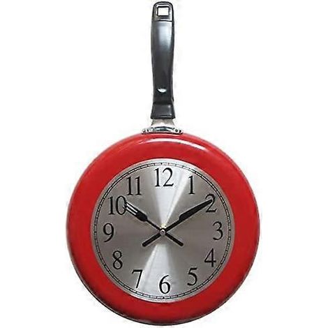 Horloge murale en métal, 25 cm, motif poêle à frire, décoration intérieure - Horloge murale unique sur le thème de la cuisine avec tournevis, 30 x 28 x 7 cm, rouge (1/5)