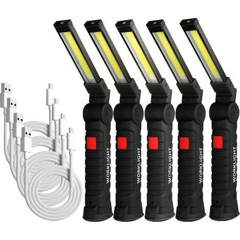 Lampe de Travail COB Rechargeable, Lampe Atelier Magnétique 5 Modes, Torche Portable pour Garage/Camping/Urgence, Noir 5 Pièces