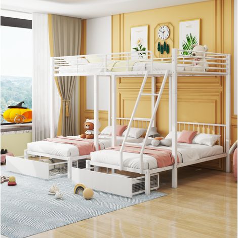 DESVIAE Lit superposé triple en métal avec 2 tiroirs lit double 140 x 200 cm et 2 lits simples 90 x 200 cm modulable en 3 lits séparés blanc (1/5)