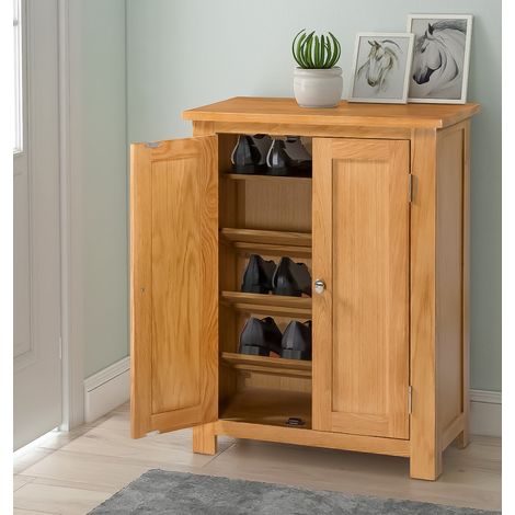 Hallowood Furniture Waverly Oak Shoe Storage Cabinet with 3 Slanted and 1 Top Flat Shelf, Solid Oak Cupboard, 2-Door Slim Shoe Cabinet Fits 15 Pairs Adult Footwear, Hallway Furniture (1/5)