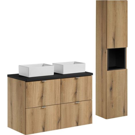 Set VANO quercia e nero 130cm : mobile sotto lavabo con cassetti + piano per lavabo + lavabi da appoggio rettangolari + colonna