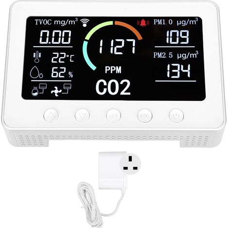 Détecteur Qualité Air CO2 TVOC PM2.5 PM1.0 Thermomètre Écran 7 Pouces Argent Prise UK 100-240V Analyseur Environnemental Multifonction (1/5)