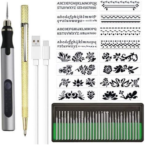 Kabelloses und wiederaufladbares DIY-Gravurset mit Mikrogravurstift für Metall, Glas und Kunststoff, inklusive 30 Spitzen und 1 Konturenstift, silberfarben (1/5)