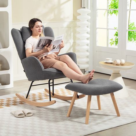 Chaise à bascule avec reposepied gris foncé chaise à bascule couverture en polaire douce des jambes en bois dossier haut des oreillers