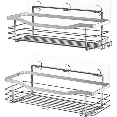 Two bathroom shelves, made of stainless steel, which require no drilling and can be fixed to the wall. (1/3)