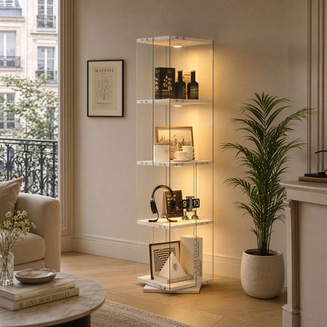 Vitrine en verre sur pied à 360 degrés avec LED, Armoire de collection moderne avec 4 étagères de rangement, 38 x 38 x 160cm, Verre trempé, Blanc (1/5)