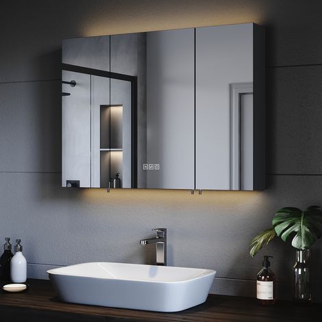 SONNI Spiegelschrank Bad mit Beleuchtung und Steckdose LED Spiegelschrank mit Touch-Schalter, 3 Einstellbare Lichtfarben Beschlagfrei, 3 Türiger Spiegelschrank 90×65 cm (1/5)