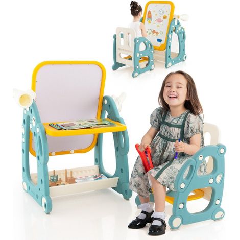 2 in 1 kinder staffelei mit 3 stufig verstellbarem whiteboard malzubehor blau gelb