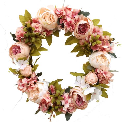 Corona floral artificial de peonías y enredadera natural, ideal para decorar puertas interiores y exteriores. (1/5)