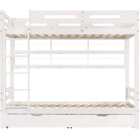 Lit superposé, lit enfant avec barrière de sécurité, deux tiroirs sur roulettes, étagère ouverte, échelle à cinq niveaux, grand espace de rangement, pin + MDF, blanc, 90x200cm (1/5)