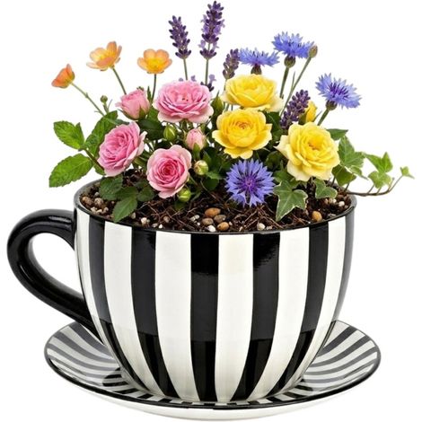Vase ou pot de fleurs en forme de tasse rayée noir et blanc 23 x 25 cm (1/3)