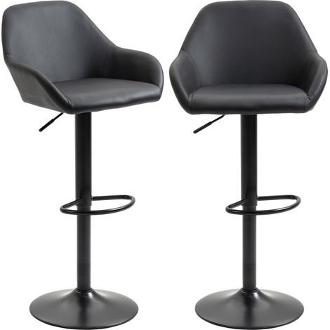 Bar Stools Set of 2, Height Adjustable Swivel Barstools, PU Lear Kitchen Stools with Backs, Armrests and Footrest for Home, Counter and Dining Room, Black (1/5)
