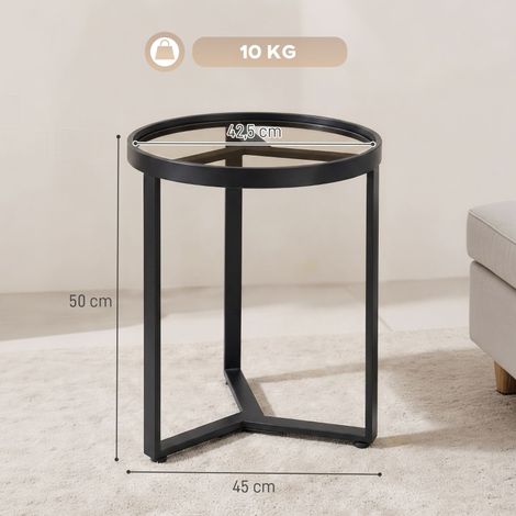 Table d'appoint ronde en verre trempé noir, piètement métallique design géométrique, parfaite pour petits espaces, meuble d'appoint moderne. (1/5)