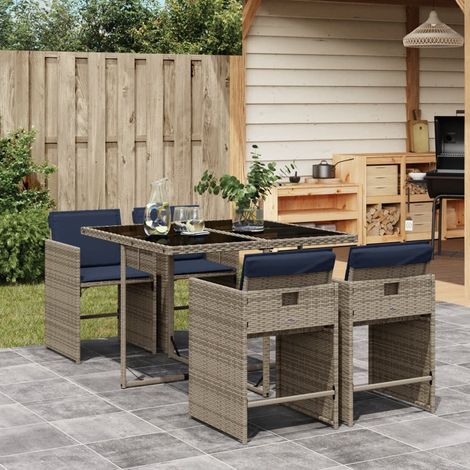 5-teiliges Garten-Ess-Set mit Kissen, grau, Polyrattan