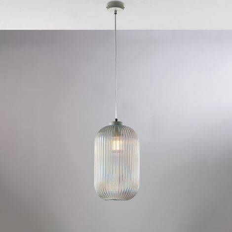 Suspension Krizia Fer Blanc, Câble Réglable, Verre Soufflé Transparent Décor Surélevé, 1 Lumière, Design Classique