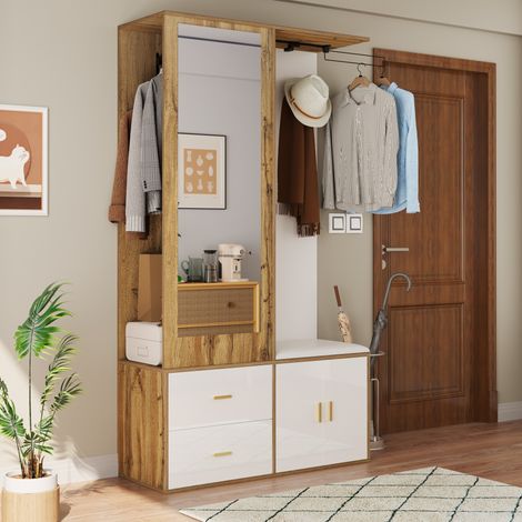Mobile ingresso 100x38x180 cm bianco e legno naturale con specchio FloraGrace (1/5)