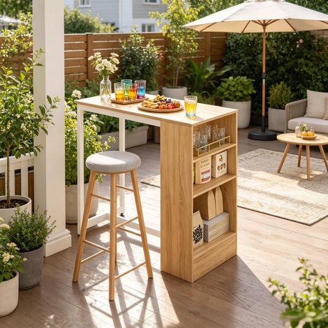 Table de Bar Mange-Debout avec 3 Étagères de Rangement Cuisine Métal et Bois Blanc et Chêne 91 cm - PANGIVO (1/5)