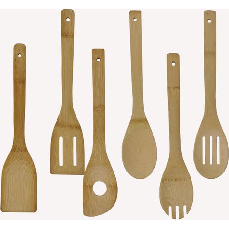 Set de cuisine en bambou - Lot de 6 cuillères et spatules - Bois naturel résistant - Sans BPA - Parfait pour ustensiles de cuisson - Bois naturel (1/5)