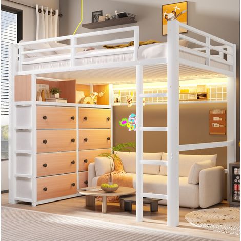 Kinder-Hochbett 140 x 200 cm mit 8 Schubladen, LED, Regalen und Lochwand, weiß HAVRYA (1/5)