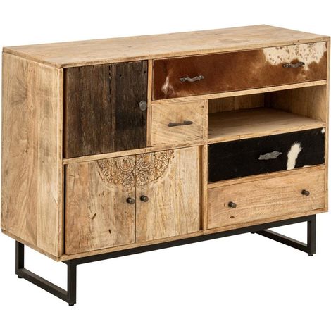 Buffet 4 Tiroirs & 3 Portes en Bois "Jonas" 115cm Naturel (1/5)