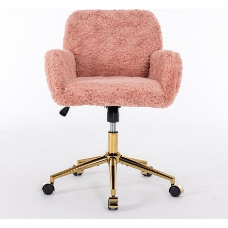 Chaise de coiffure fourrure lapin rose pivotante hauteur ajustable, accoudoirs, base dorée DE1831PK (1/4)