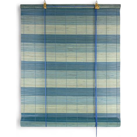 Store enrouleur en bambou 60x150 cm - Volet roulant en bois naturel pour l'intérieur et l'extérieur - Montage facile Bleu