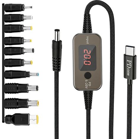 Câble D'alimentation Adaptateur USB-C PD vers DC 100W, Tension Réglable Universel Convertisseur Câble PD vers DC 5V 9V 12V 15V 20V, avec 10 Interface, pour Ordinateur Portable, Routeur (1/5)