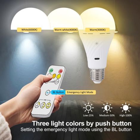 Ampoule rechargeable USB avec télécommande, batterie 2200mAh, variateur à 3 niveaux et minuterie, culot E27,trois températures de couleur, ampoule LED (1/3)