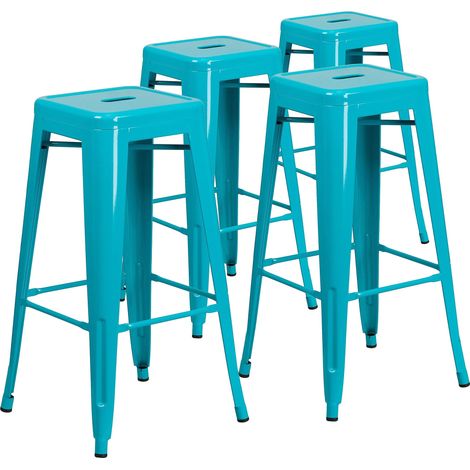 Lot de 4 tabourets de Bar en métal avec siège carré 76,2 cm, Fer, Plastique, Bleu Sarcelle (1/5)
