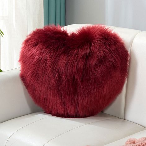 Coussin Décoratif Forme Cœur - Jeté Canapé Lit - Fourrure Synthétique Longue Pile - 40 x 30 cm - Vin - 1 Pièce (1/5)