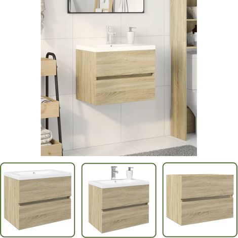 The Living Store 2-tlg. Badmöbel-Set Keramik und Holzwerkstoff - Badmöbel - Badschrank - Waschtisch - Keramikwaschbecken - Sonoma-Eiche (1/5)
