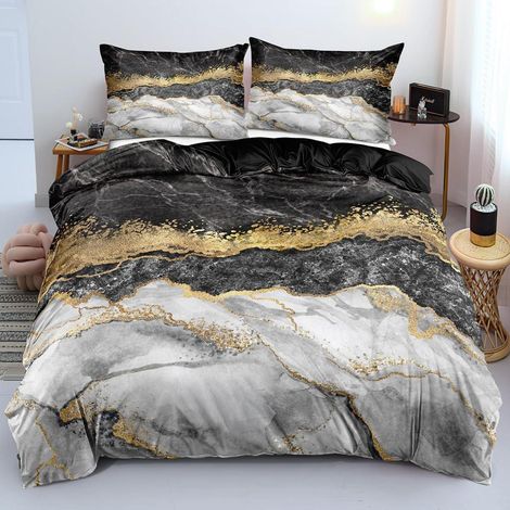 Bettwäsche-Set 200x220 cm 3tlg Marmor Gold Schwarz Mikrofaser