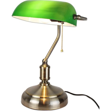 Fishtec – Lampe de bureau vintage verte abat-jour opaline orientable – Base en laiton brossé – Compatible ampoule E27 jusqu'à 60W