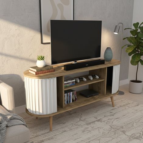 Dmora - Fernsehschrank Aludra, Ständer für Wohnzimmerfernseher, Niedriges Wohnzimmer-Sideboard, TV-Ständerbasis, 140x43h64 cm, Eiche und Weiß, mit verstärkter Verpackung (1/5)