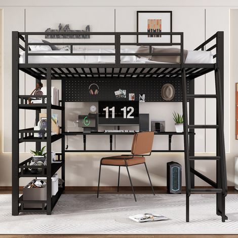 Lit 140x200 avec rangements, métal et bois noir HAVRYA (1/5)