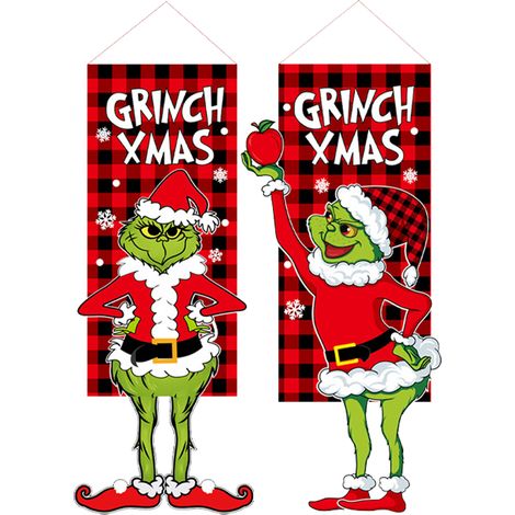Lot de 2 décorations de Noël, drapeau suspendu personnage dessin animé, motif Grinch et flocon, pour porte fenêtre jardin (1/5)