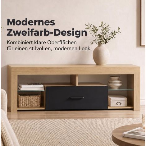 Meuble TV bas 140x40x45 cm en bois d’ingénierie chêne, rangement ouvert pour salon – MEUBLIV (1/5)
