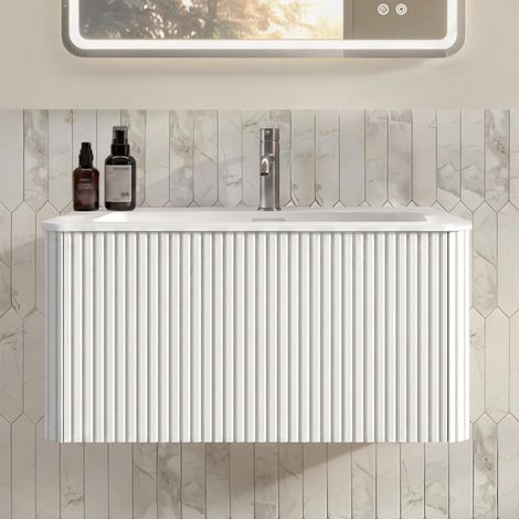 Vasque avec meuble sous-lavabo 80 cm, fonte minérale, design cannelé, mural, blanc, pré-monté (1/5)