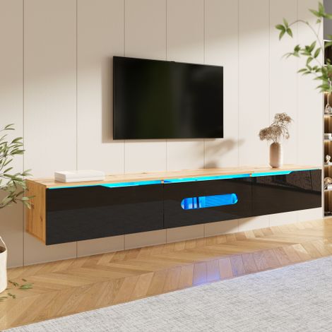 Urban Meuble – Meuble TV suspendu effet bois – Portes laquées noires brillantes – Éclairage LED 16 couleurs – Montage mural ou au sol